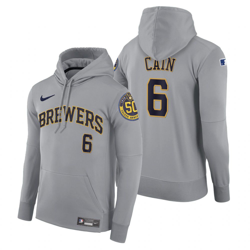 Men Milwaukee Brewers #6 Cain gray road hoodie 2021 MLB Nike Jerseys->milwaukee brewers->MLB Jersey